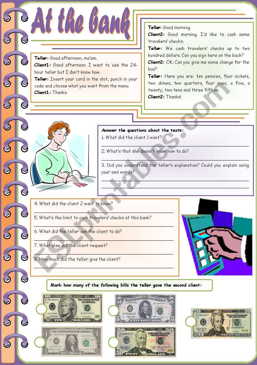 At the bank â€“ vocabulary, comprehension and grammar (American money + bank + can) [6 tasks] ((2 pages)) ***editable